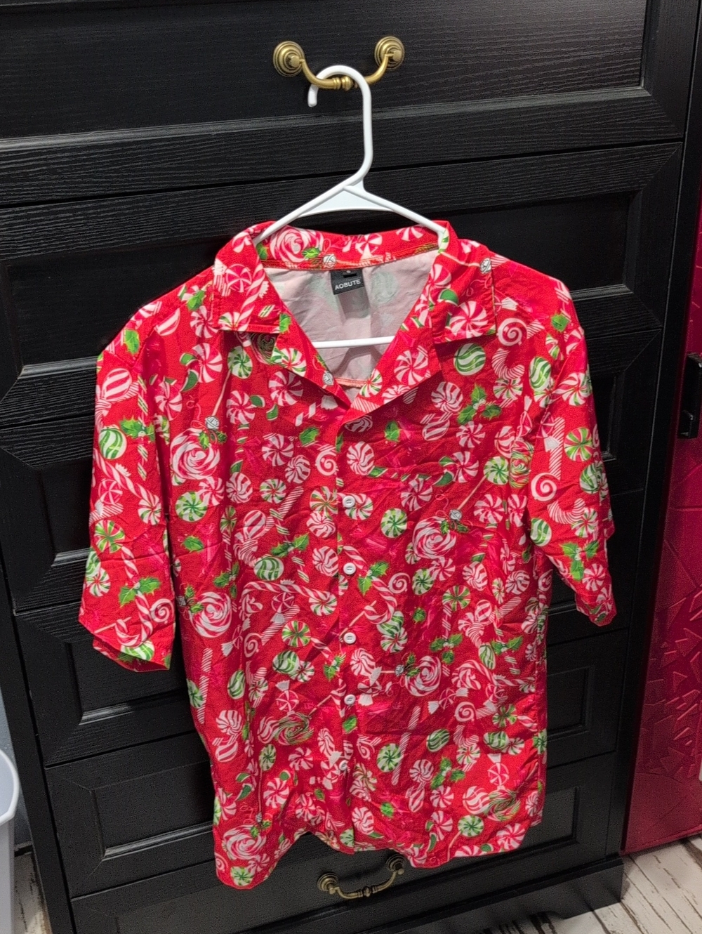 Festive Red Candy-Print Button-Up Shirt